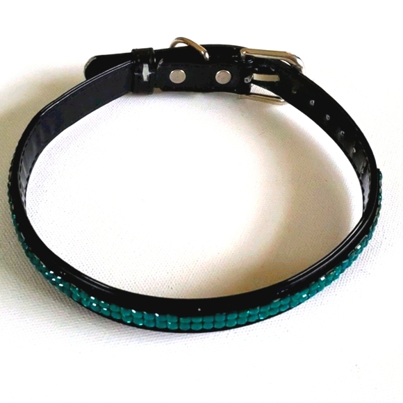 Dog Collar Green Iridescent Stones Faux Black Pate - Picture 11 of 14